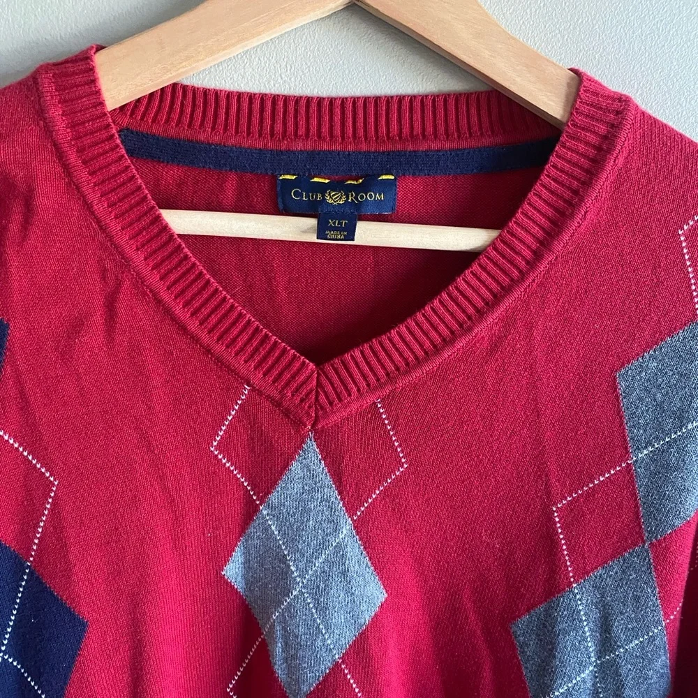 Club Room Men's Sweater XLT 100% Cotton Red Navy Argyle Golf‎ Preppy Academia
